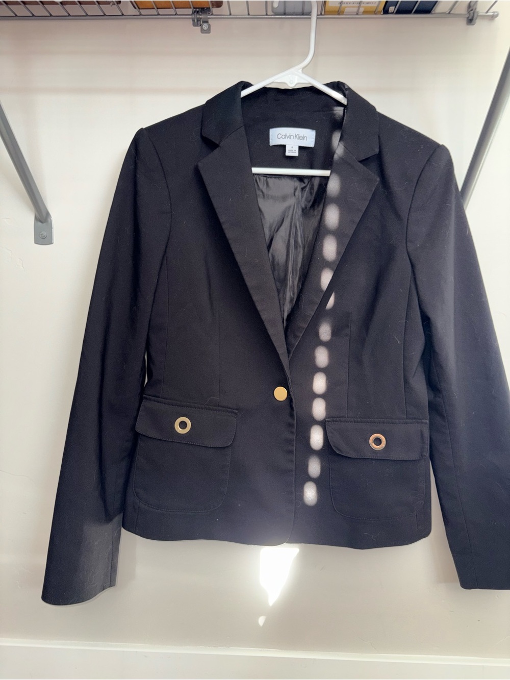 Calvin Klein Black Single-Button Notch Lapel Blazer with Gold Eyelet Detail